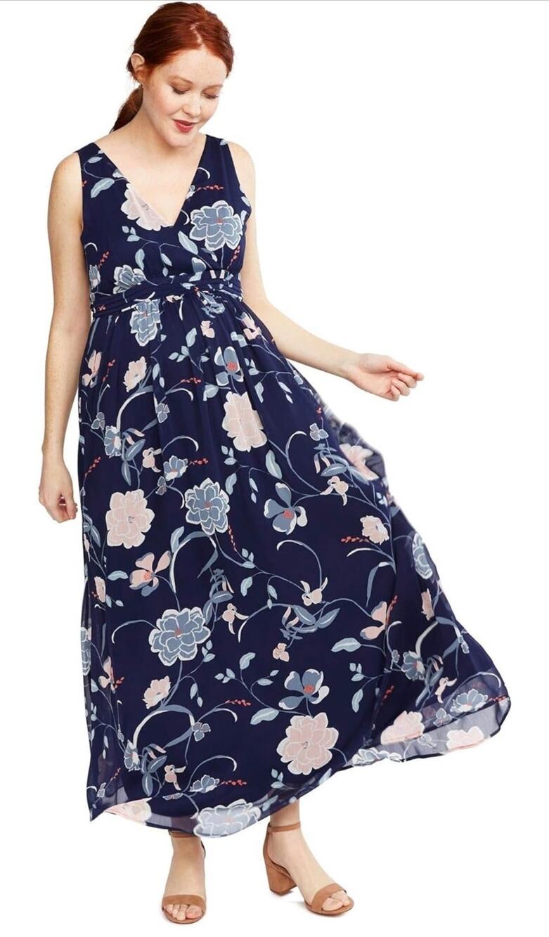 Motherhood Maternity Blue Pink Floral Maxi Dress Tie Back Size Small